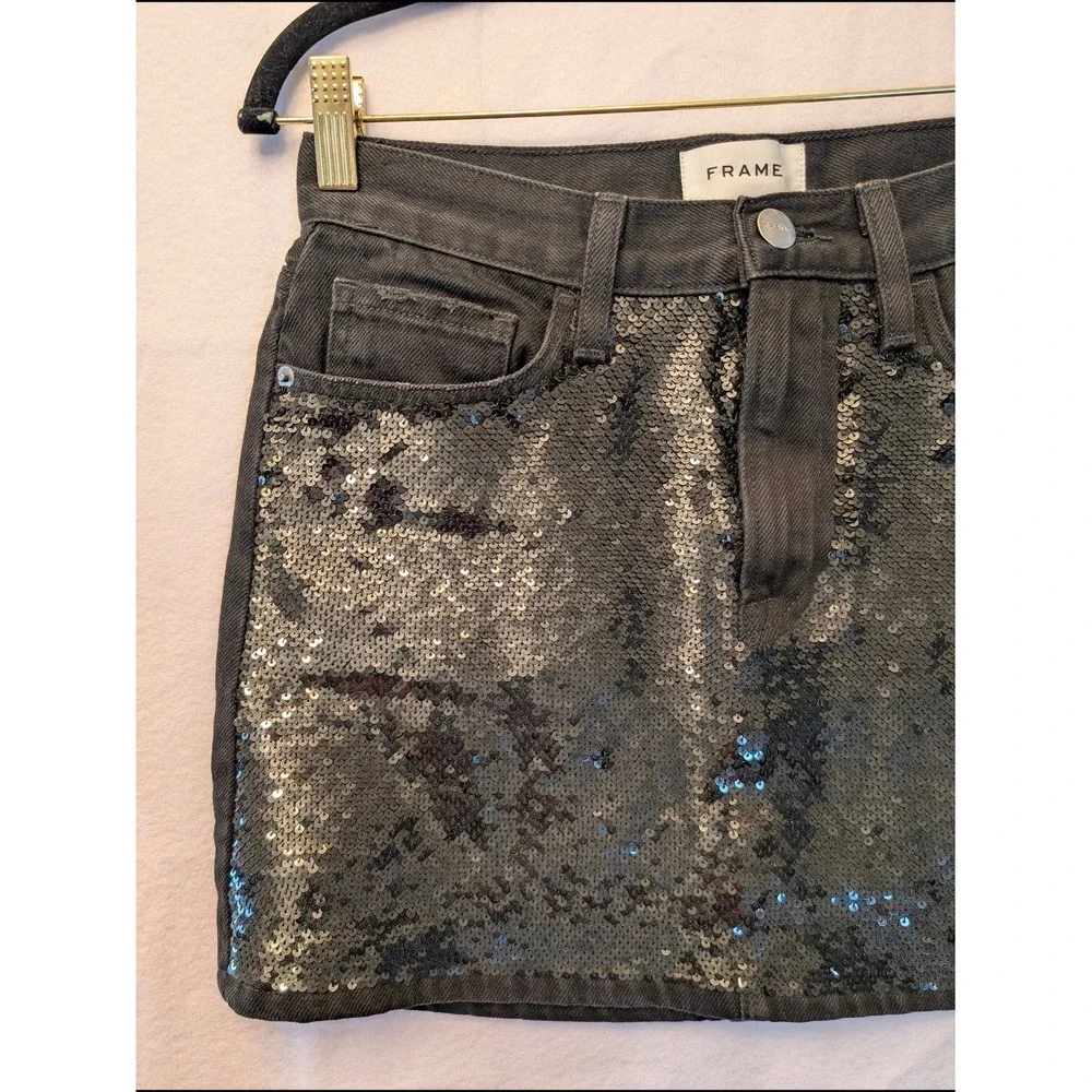 FRAME Beacon Black Sequin Denim Sparkle Disco Edgy Glam‎ Chic Mini Skirt Sz 24